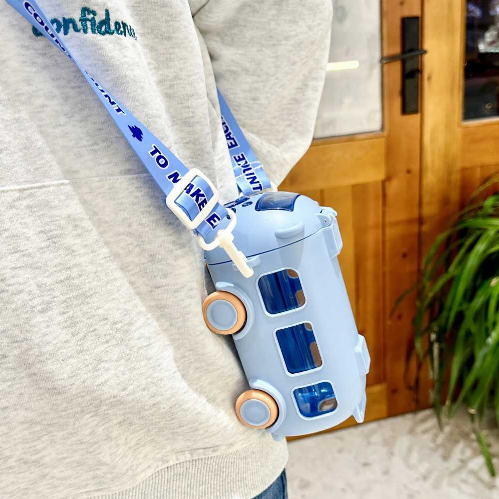 500ml Cute Bear Portable Water Bottle With Shoulder Strap Kid Car Straw Water Cup Bus Shape Children's Water Bottle Drinking Cup