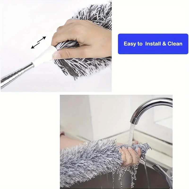 Multifunctional retractable duster with bendable head - reusable and washable for high ceilings, furniture and car cleaning