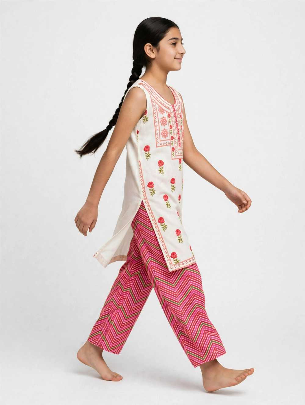 Girls White Floral Co Ord Set (Separate Sleeves Included)