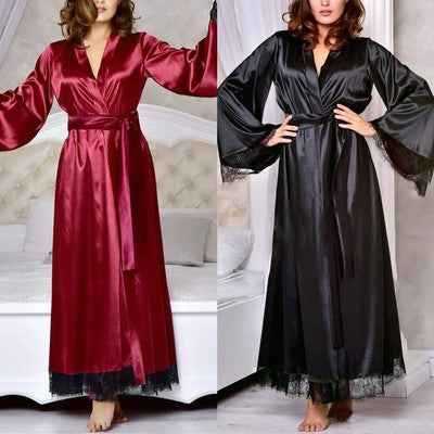 3Pcs Imported Women's Luxury Satin Robe with Bikini Lingerie Set – Full-Length Kimono Nightwear with Lace Trim 