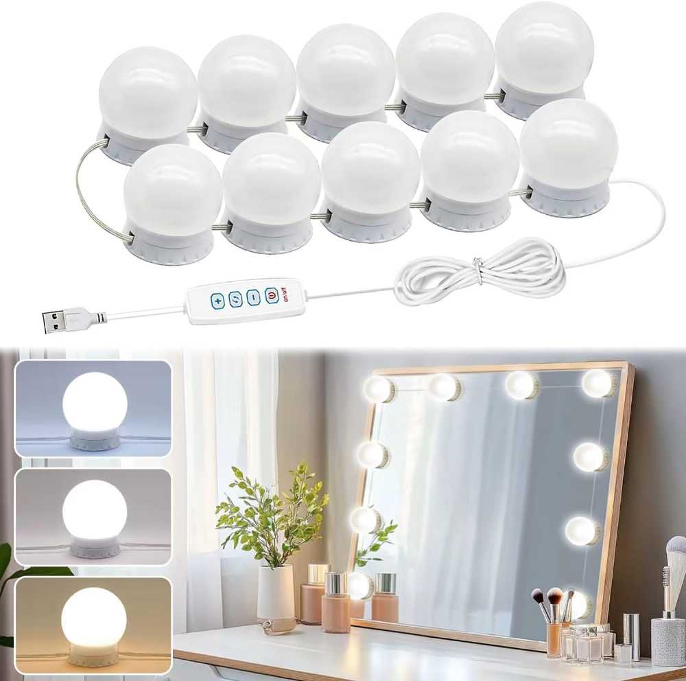 Hollywood Style Vanity Mirror Lights – 10 Dimmable LED Bulbs with 3 Color Modes